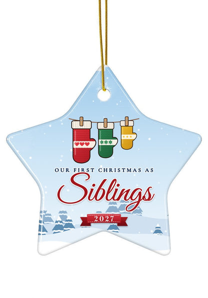 Our First Christmas as Siblings ornament dated 2027, star shape