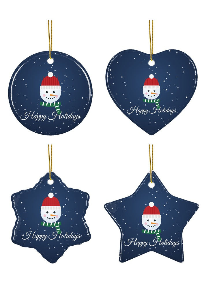 Snowman Happy Holidays ornament in all four shapes: circle, heart, snowflake and star