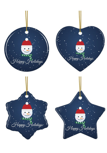 Snowman Happy Holidays ornament in all four shapes: circle, heart, snowflake and star