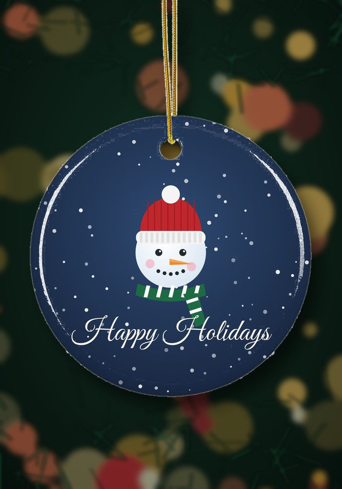Snowman Happy Holidays ornament hanging on a Christmas tree