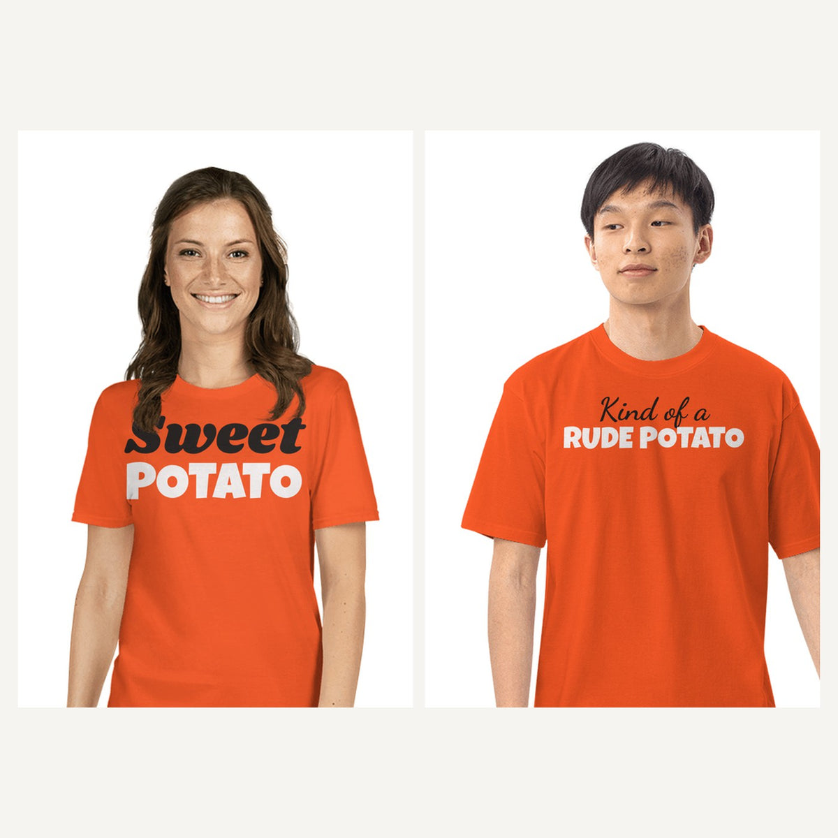 Sweet Potato Couples Thanksgiving Shirts in Orange, matching set