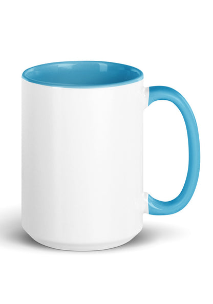 15 oz white ceramic mug with blue handle and inside