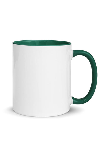 11 oz white ceramic mug with green handle and inside