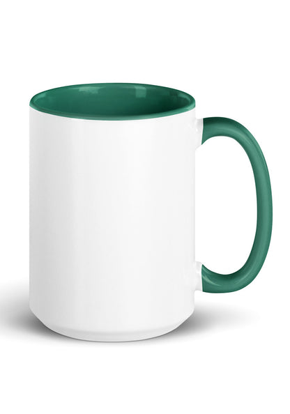 15 oz white ceramic mug with green handle and inside