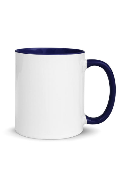 11 oz white ceramic mug with navy handle and inside
