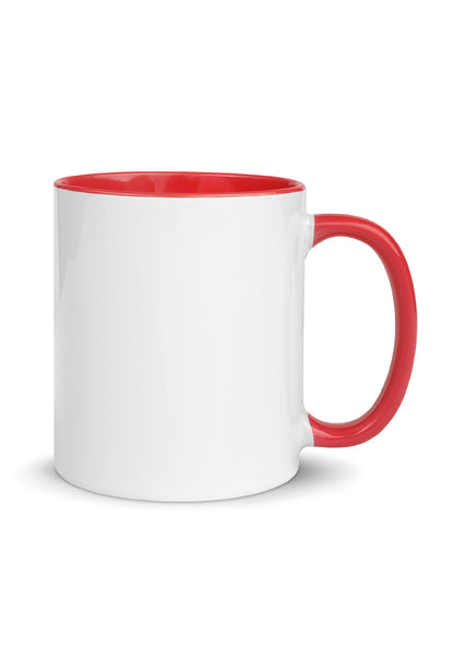 11 oz white ceramic mug with red handle and inside