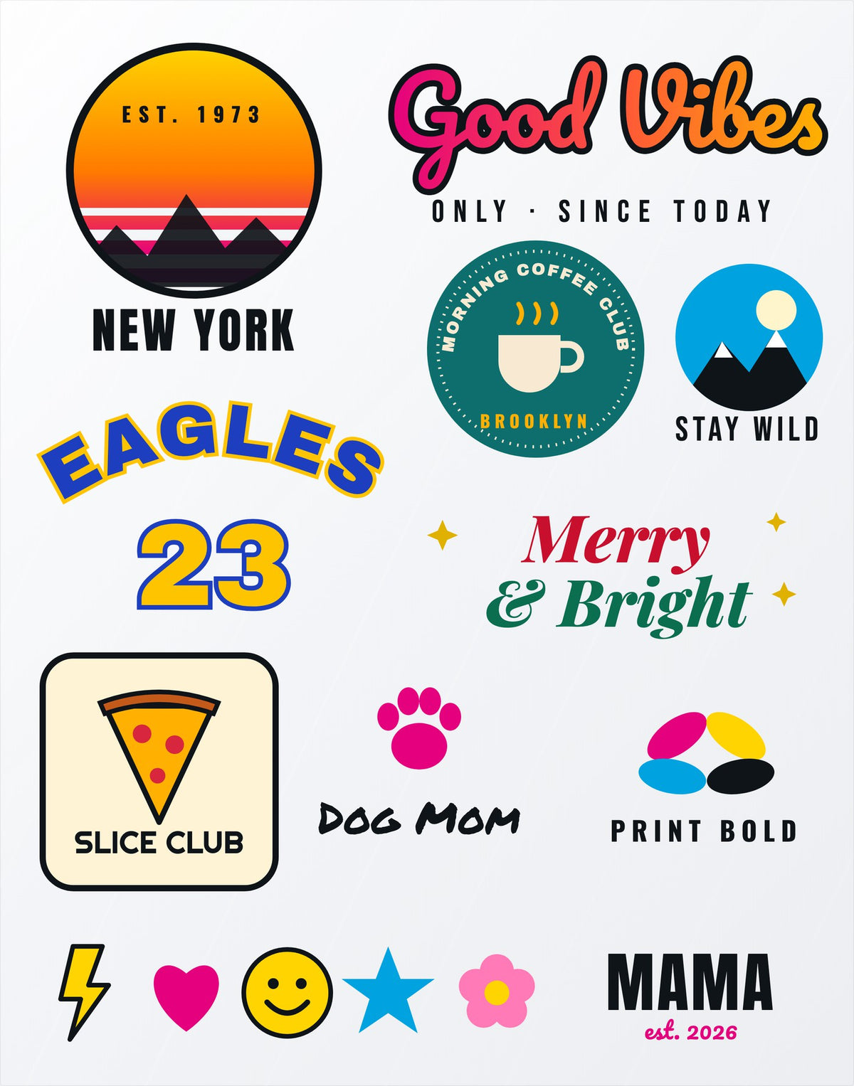 A 22 inch DTF gang sheet printed with full-color custom designs