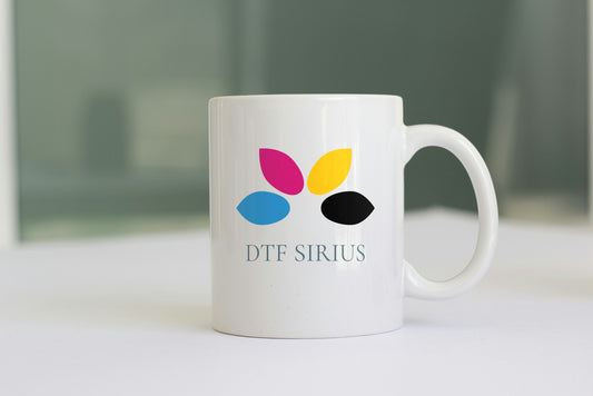 Custom white ceramic mug printed with a full-color logo