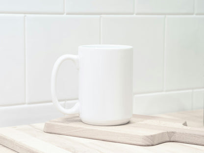 15 oz white ceramic mug blank on a kitchen counter