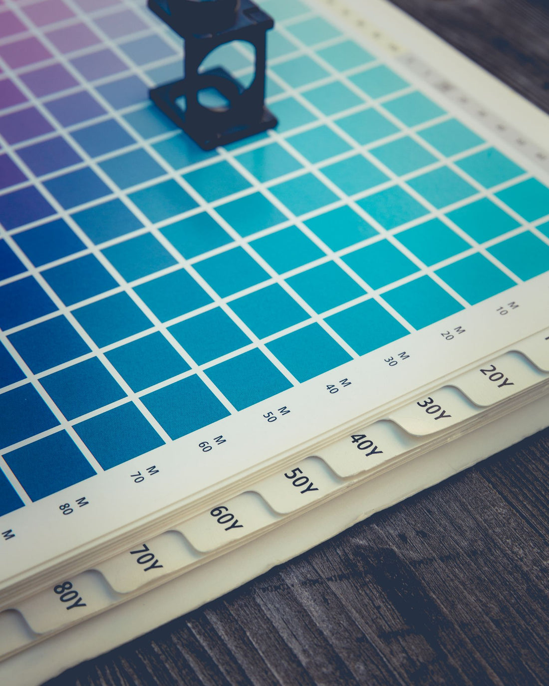 Color calibration chart checked with a printer's loupe