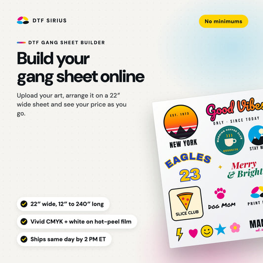 DTF gang sheet builder: build a 22 inch wide DTF gang sheet online, 12 to 240 inches long