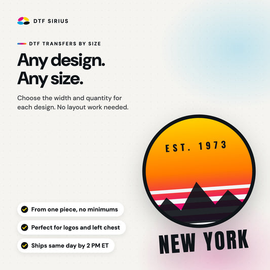 Custom DTF transfers by size: any design, any size, no minimums