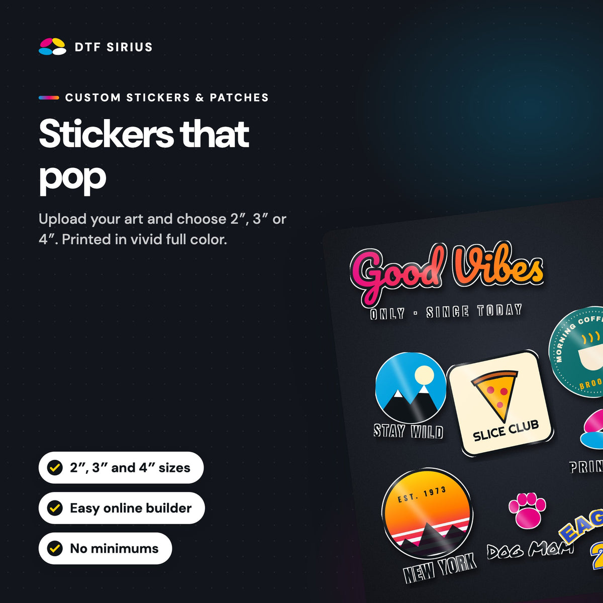 Custom full-color stickers and patches in 2, 3 and 4 inch sizes