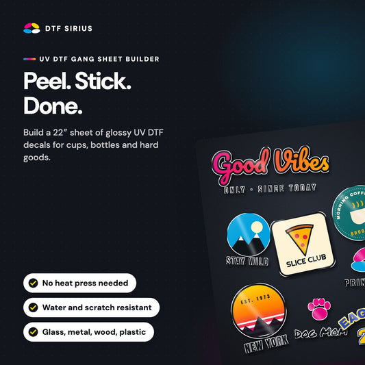 UV DTF gang sheet builder: glossy peel-and-stick decals for cups, bottles and hard goods