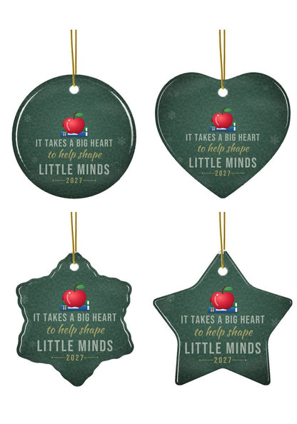 Teacher Christmas ornament in circle, heart, snowflake and star