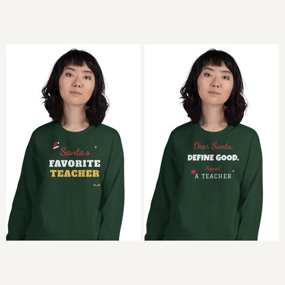 Teacher Christmas Sweatshirts in Forest Green, matching set