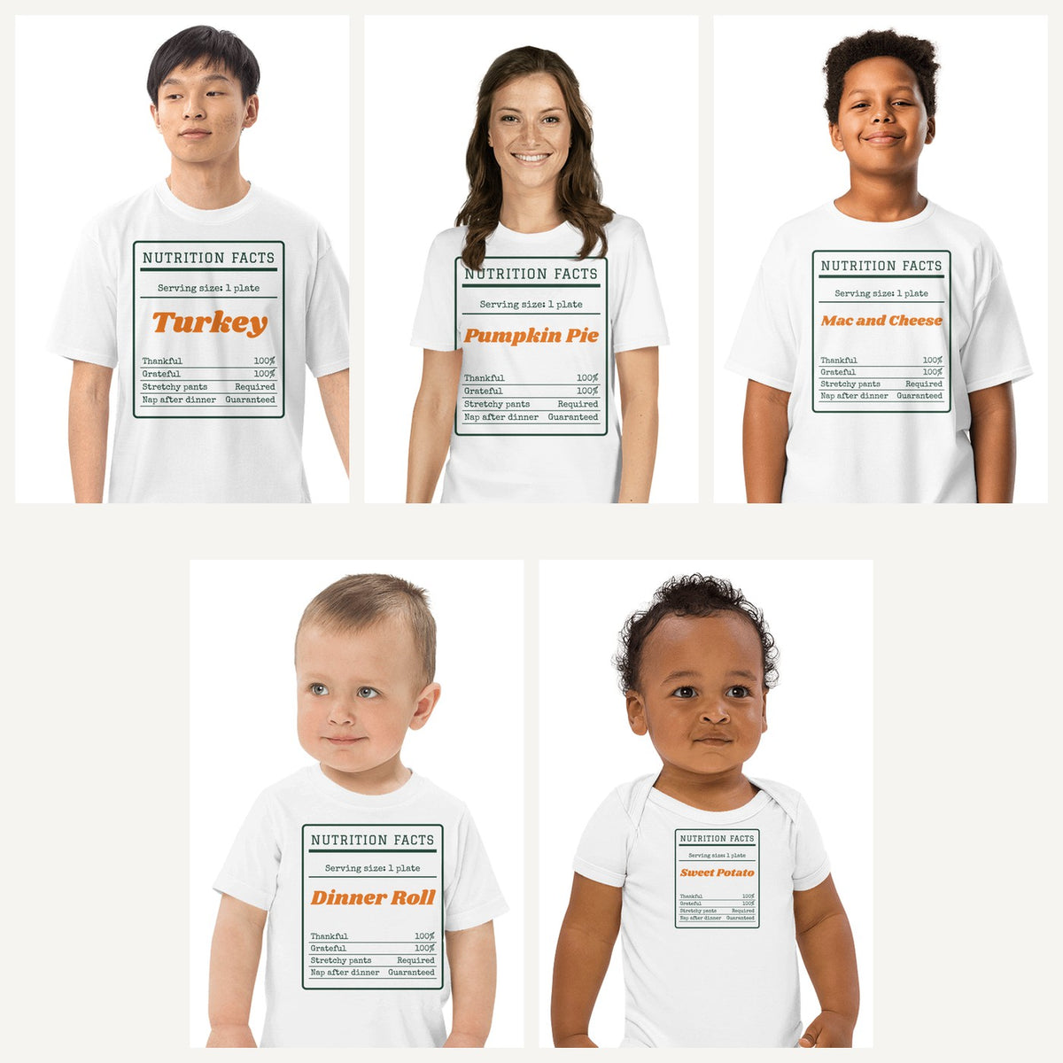 Thanksgiving Nutrition Facts Family Shirts in White, family set