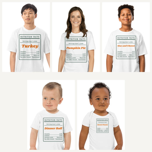 Thanksgiving Nutrition Facts Family Shirts in White, family set