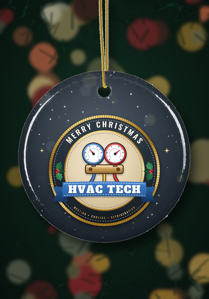 Trades and first responders Christmas ornament hanging on a Christmas tree