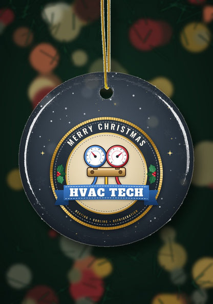 Trades and first responders Christmas ornament hanging on a Christmas tree