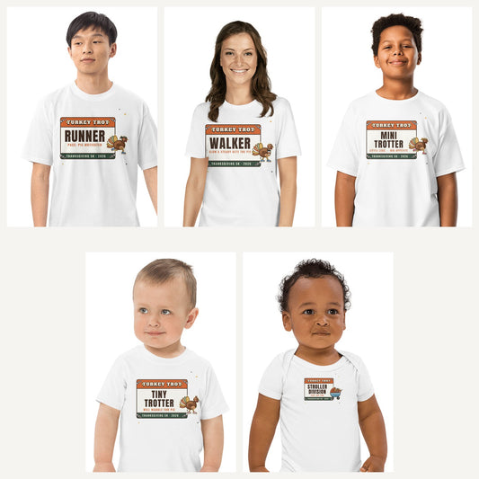 Turkey Trot 2026 Family Shirts in White, family set