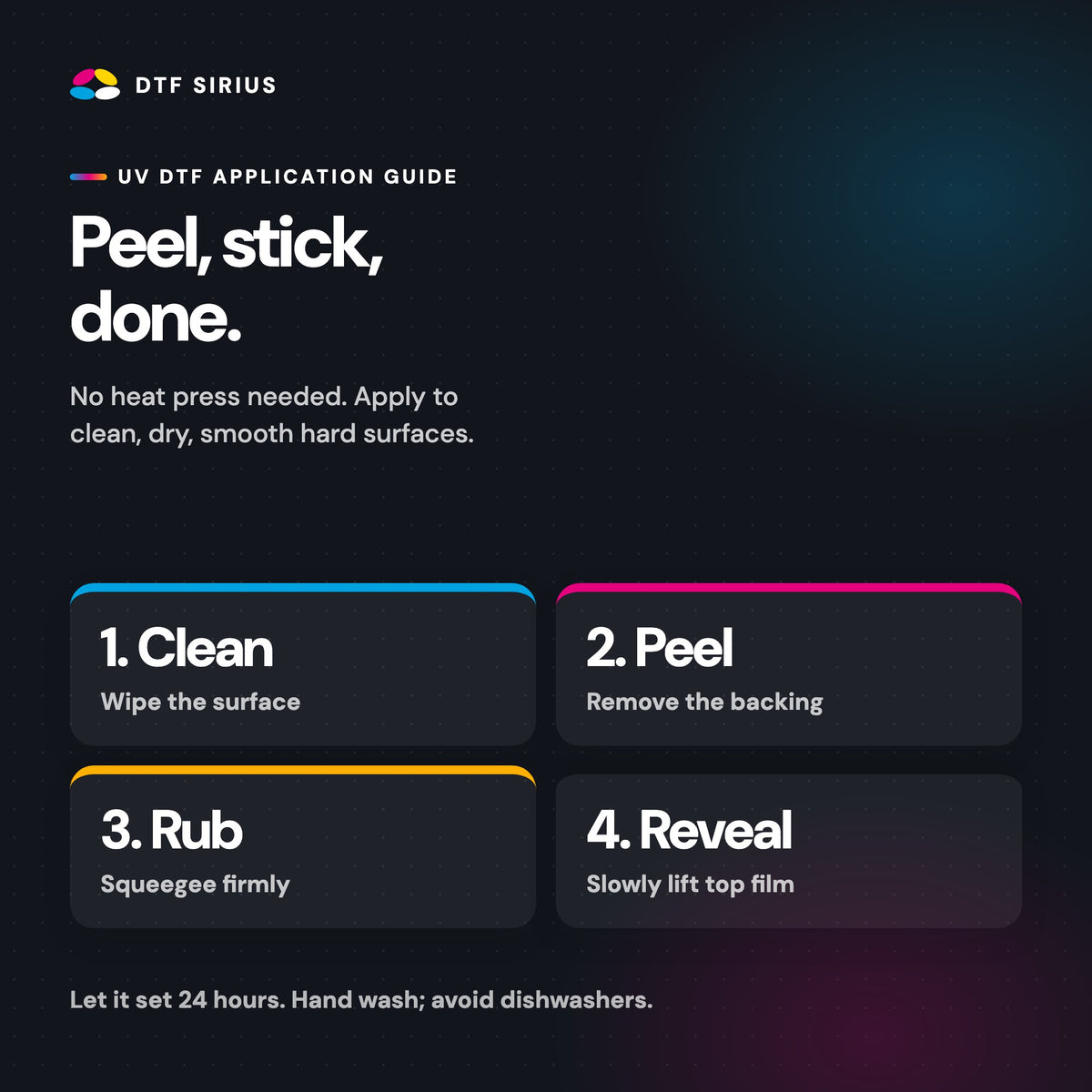 How to apply UV DTF: clean, peel, rub, reveal