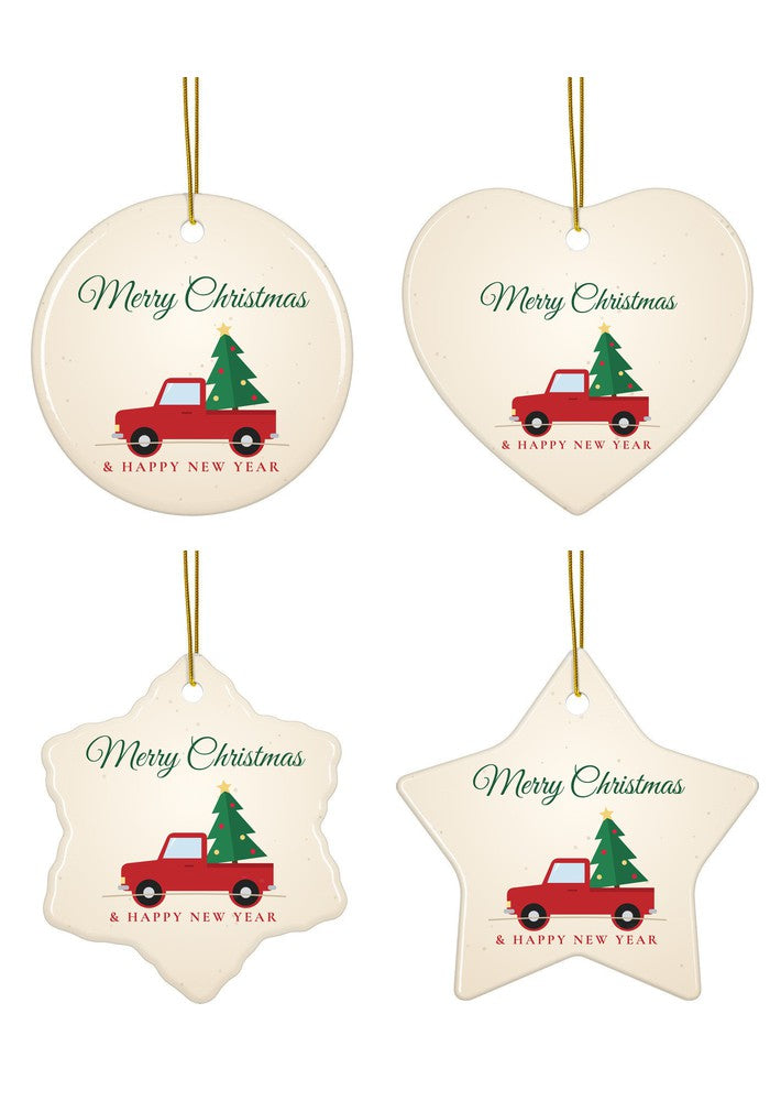Vintage Red Truck Christmas ornament in all four shapes: circle, heart, snowflake and star
