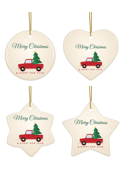 Vintage Red Truck Christmas ornament in all four shapes: circle, heart, snowflake and star