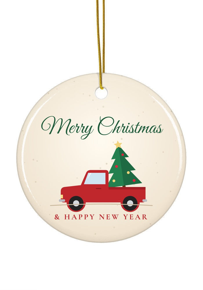 Vintage Red Truck Christmas ornament, circle shape