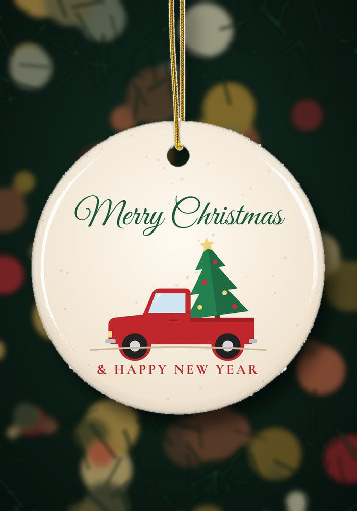 Vintage Red Truck Christmas ornament hanging on a Christmas tree