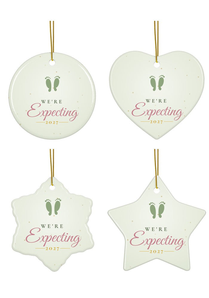 We're Expecting ornament in circle, heart, snowflake and star